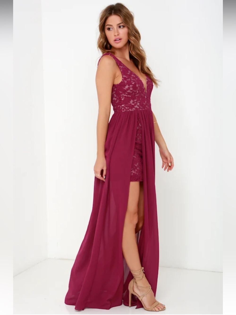 Lulu's Burgundy Make Way for Wonderful Berry Red Lace Maxi Dress